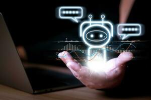 Chat with AI, Artificial Intelligence. man using technology smart robot AI, artificial intelligence by enter command prompt for generates something, Futuristic technology transformation. photo
