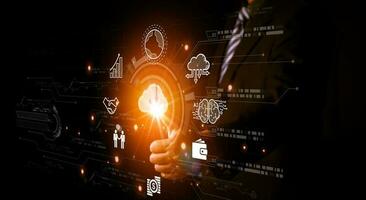 Cloud Computing diagram. Network Data Storage Technology Service. Man working on digital screen with cloud service application icons. photo