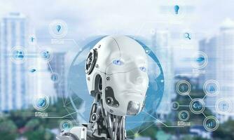 Robot or cyborg  with AI, Artificial intelligence controls smart city via internet and hud interface with icons urban infrastructure. iot technology in information and communication technologies. photo