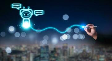 Chat with AI, Artificial Intelligence. man using technology smart robot AI, artificial intelligence by enter command prompt for generates something, Futuristic technology transformation. photo