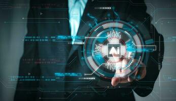 Businessman touching  Artificial Intelligence in the futuristic business and coding software development on interface and synchronize network connection, IoT, innovative, Technology concept. photo