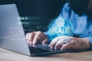 businessman Chat with AI, Artificial Intelligence. man using technology smart robot AI, artificial intelligence by enter command prompt for generates something, Futuristic technology transformation. photo