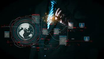 Ai technology, Artificial Intelligence. man using technology smart robot AI, artificial intelligence by enter command prompt for generates something, Futuristic technology transformation. Chat with AI photo