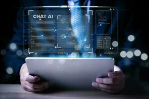 businessman Chat with AI, Artificial Intelligence. man using technology smart robot AI, artificial intelligence by enter command prompt for generates something, Futuristic technology transformation. photo