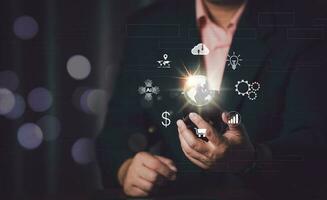 Businessman using mobile smart phone. Business global internet connection application technology and digital marketing, Financial and banking, Digital link tech, big data. photo