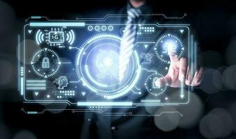 Businessman touching the brain working of Artificial Intelligence AI in the futuristic business and coding software development on interface and synchronize network connection, IoT, innovative. photo
