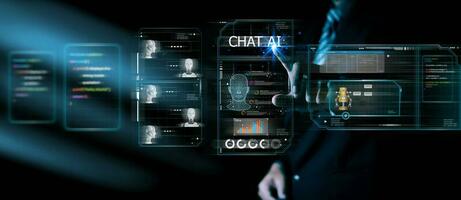 Ai chat bot communicate and interact to businessman provide smart data in natural human like text.Artificial intelligence system assist human decision making best solution to accomplish task photo