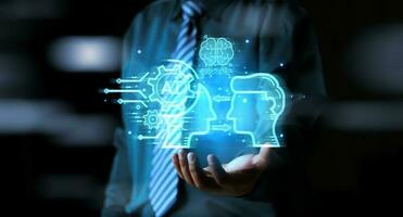 Businessman touching the brain working of Artificial Intelligence AI in the futuristic business and coding software development on interface and synchronize network connection, IoT, innovative. photo