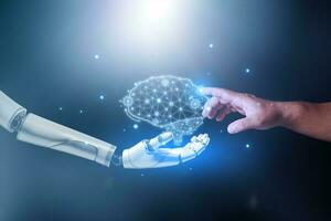 Machine learning, Hands of robot and human touching a Ai brain, Science and artificial intelligence technology, innovation and futuristic. Robotic holding a mechanical artificial intelligence brain. photo