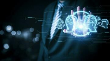 Businessman touching the brain working of Artificial Intelligence AI in the futuristic business and coding software development on interface and synchronize network connection, IoT, innovative. photo
