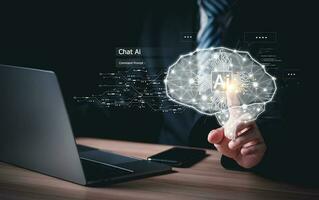 Chat with AI, Artificial Intelligence. man using technology smart robot AI, artificial intelligence by enter command prompt for generates something, Futuristic technology transformation. photo