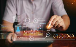 Digital marketing. Businessman using modern interface payments online shopping and icon customer network connection on virtual screen. Business innovation technology concept photo
