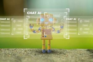 Robot Chat with AI, Artificial Intelligence. Technology smart robot AI Concept, artificial intelligence by enter command prompt for generates something, Futuristic technology transformation. photo