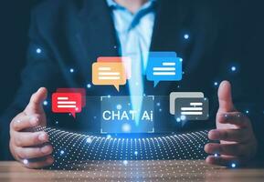 businessman Chat with AI, Artificial Intelligence. man using technology smart robot AI, artificial intelligence by enter command prompt for generates something, Futuristic technology transformation. photo