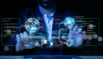 Man works on a HUD Touchscreen Interface, Business and technology concept, Communication network, GUI Graphical User Interface, Future concept. photo