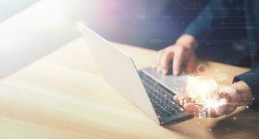businessman Hand holding virtual Global Internet connection metaverse. Business global internet connection application technology and digital marketing, Financial and banking, Digital link tech. photo