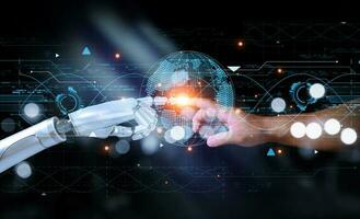 Hands of robot and human touching on big data network connection background, AI, Machine learning, Science and artificial intelligence technology, innovation and futuristic. photo