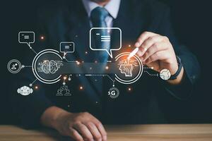 Chat with AI, Artificial Intelligence. man using technology smart robot AI, artificial intelligence by enter command prompt for generates something, Futuristic technology transformation. photo