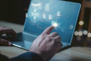 businessman Chat with AI, Artificial Intelligence. man using technology smart robot AI, artificial intelligence by enter command prompt for generates something, Futuristic technology transformation. photo