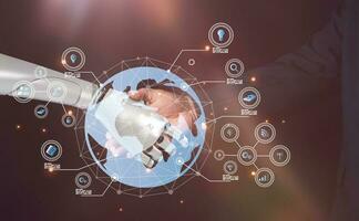 Machine learning, Hands of Digital robot handshake human, Science and artificial intelligence technology, innovation and futuristic, Unity with human and ai concept, with graphical icon display. photo