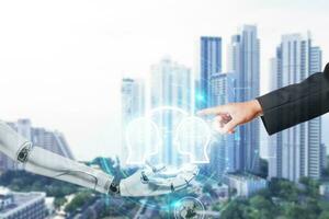 Robot hands exchanging brains with humans on a background lined with skyscrapers, Artificial Intelligence concept, Science and artificial intelligence technology, innovation and futuristic. photo