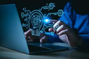 Chat with AI, Artificial Intelligence. man using technology smart robot AI, artificial intelligence by enter command prompt for generates something, Futuristic technology transformation. photo