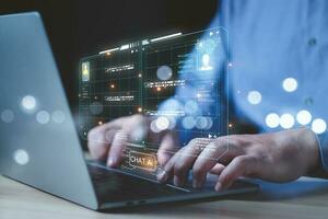 businessman Chat with AI, Artificial Intelligence. man using technology smart robot AI, artificial intelligence by enter command prompt for generates something, Futuristic technology transformation. photo