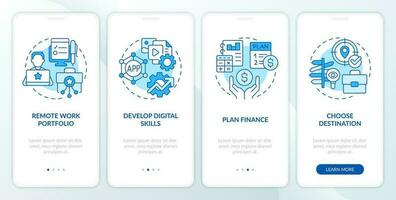 digital nómada guía azul inducción móvil aplicación pantalla. trabajo y viaje recorrido 4 4 pasos editable gráfico instrucciones con lineal conceptos. ui, ux, gui plantilla vector