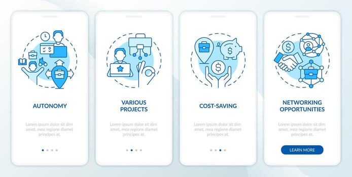 Remote work benefits blue onboarding mobile app screen. Digital nomad walkthrough 4 steps editable graphic instructions with linear concepts. UI, UX, GUI templated vector