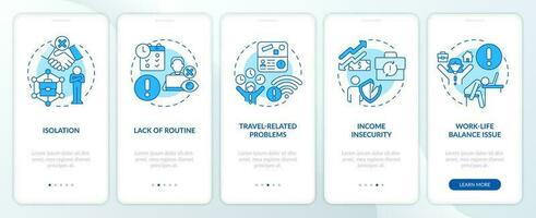 Remote work disadvantages blue onboarding mobile app screen. Walkthrough 5 steps editable graphic instructions with linear concepts. UI, UX, GUI templated vector