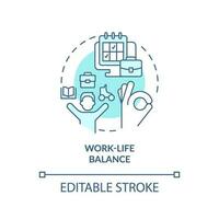 Work life balance turquoise concept icon. Take break. Avoid burnout. Time management. Mental health support abstract idea thin line illustration. Isolated outline drawing. Editable stroke vector