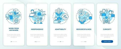 Digital nomad features blue onboarding mobile app screen. Walkthrough 5 steps editable graphic instructions with linear concepts. UI, UX, GUI templated vector