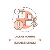 Lack of routine red concept icon. Low productivity. Work activity. Professional freelancer. Time management issue abstract idea thin line illustration. Isolated outline drawing. Editable stroke vector