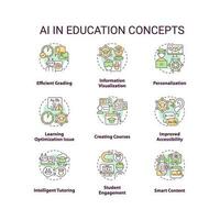 Set of 2D multicolor icons representing AI in education concepts, pack of isolated vector illustrations.