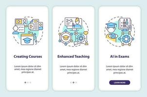 3 steps 2D multicolor icons representing AI in education, graphic instructions with linear concepts, app screen. vector