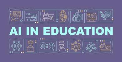 AI in education text concept with various icons on dark monochromatic background, editable 2D vector illustration.