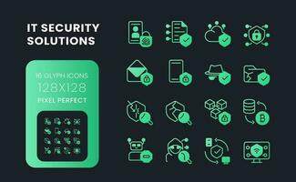 IT security solutions green solid gradient desktop icons. Information privacy. Data protection. Pixel perfect 128x128, outline 4px. Glyph pictograms kit for dark theme. Isolated vector images