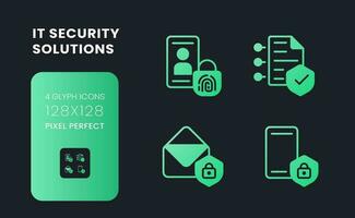 Cyber security solutions green solid gradient desktop icons. Authentication control. Risk management. Pixel perfect 128x128, outline 4px. Glyph pictograms kit for dark theme. Isolated vector images