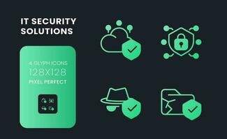 Data security solutions green solid gradient desktop icons. Cloud computing. Database encryption. Pixel perfect 128x128, outline 4px. Glyph pictograms kit for dark theme. Isolated vector images