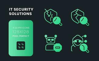 Cybersecurity solutions green solid gradient desktop icons. Hacking prevention. Bot traffic detection. Pixel perfect 128x128, outline 4px. Glyph pictograms kit for dark theme. Isolated vector images