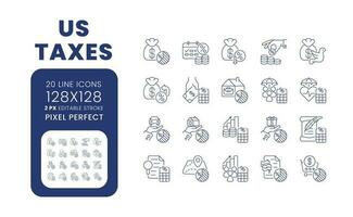 US taxes linear desktop icons set. Taxation system. Government revenue collection. United States. Pixel perfect 128x128, outline 2px. Isolated user interface elements pack for website. Editable stroke vector