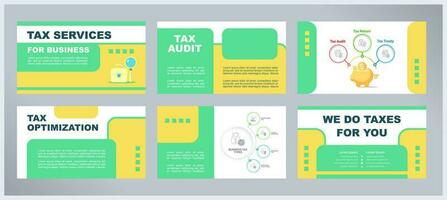 Tax services for business presentation templates set. Outsourced accounting. Bookkeeping. Corporate income. Ready made PPT slides on multicolor background. Graphic design vector