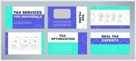 Tax services for individuals presentation templates set. Personal financial planning. Filing support. Ready made PPT slides on blue and white background. Graphic design vector