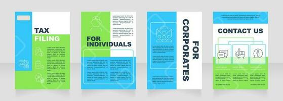 Tax filing blue and green premade brochure template. Accounting services. Bookkeeping consulting. Annual financial reporting booklet design with icons, copy space. Editable 4 layouts vector