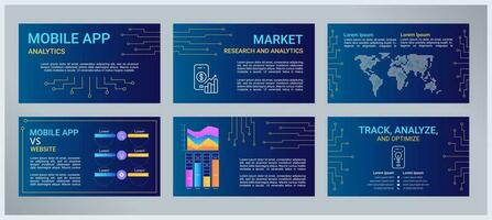 Mobile app analytics presentation templates set. Software programming. Data analysis. Market research. Ready made PPT slides on blue background. Graphic design vector