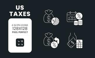 US taxes white solid desktop icons set. Revenue system. Taxation policies. Taxable income. Pixel perfect 128x128, outline 2px. Symbols for dark theme. Glyph pictograms. Vector isolated images