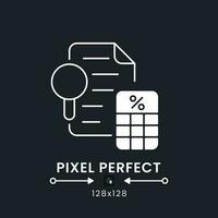 Tax Audit white solid desktop icon. Financial inspection. Regulatory analysis. Pixel perfect 128x128, outline 2px. Silhouette symbol for dark mode. Glyph pictogram. Vector isolated image