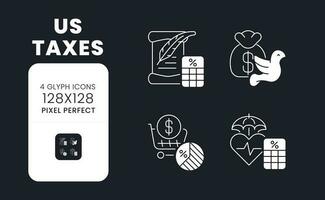 US taxes white solid desktop icons set. Fiscal responsibilities. Government revenue. Pixel perfect 128x128, outline 2px. Symbols for dark theme. Glyph pictograms. Vector isolated images