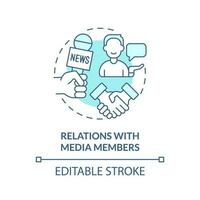 Relations with media members turquoise concept icon. Social network for advocacy abstract idea thin line illustration. Isolated outline drawing. Editable stroke vector