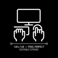 Hands with computer pixel perfect white linear icon for dark theme. Person working on PC. Equipment for work and hobby. Thin line illustration. Isolated symbol for night mode. Editable stroke vector